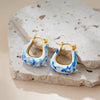 Elegant White Blue Porcelain Enamel Chunky Ear Stud Hoop Earrings Women Stainless Steel Gold Plated U Shape Drop Earring Jewelry